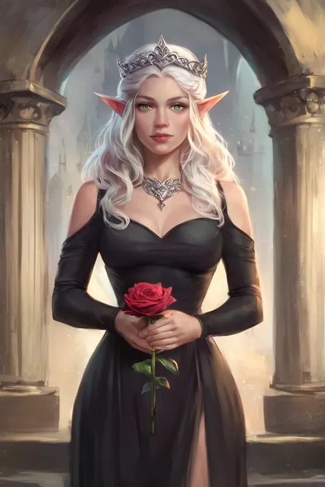 score_9, score_8_up, score_7_up, rating_safe, 1girl, solo, elf, pointy ears, breasts, long hair, long hair, white hair, green eyes, portrait, looking at viewer, black dress, tiara, silver tiara, holding, holding flower, rose, red rose, necklace, jewelry, c...