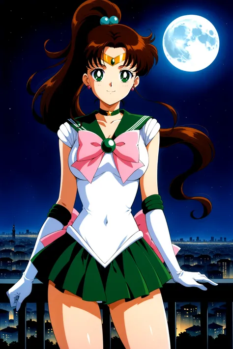 (masterpiece, best quality, very aesthetic, ultra detailed), intricate details, 4k, anime style, aajupiter, long hair, ponytail, hair bobbles, tiara, earrings, green eyes, green choker, green sailor collar, pink bowtie, white shirt, white leotard, elbow gl...