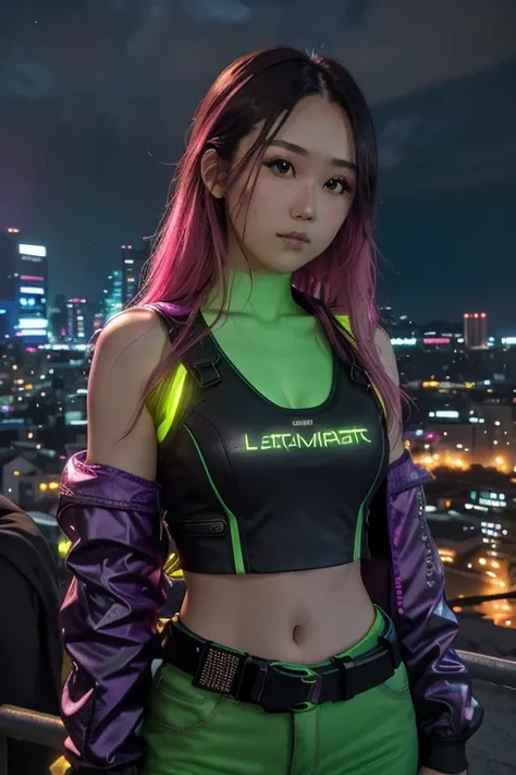 RAW photo, a photograph of youl3e woman, neon-lit cityscape, colorful saturated LED lighting, night, darkness, cyberpunk city, bright green, yellow, pink, purple, (high detailed skin:1.2), 8k uhd, dslr, soft lighting, high quality, film grain, Fujifilm XT3...