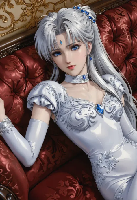 detailed oil painting, full body pose, Weiss Schnee, pale skin, blue eyes, long sideways ponytail, ornate silver diadem. Laying elegantly on a fancy couch