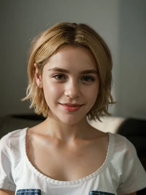 A beautiful k13rn4ns woman,1girl,solo,looking at viewer,smile,(((blonde hair))),shirt,brown eyes,jewelry,closed mouth,upper body,short sleeves,earrings,striped,medium hair,striped shirt,realistic,soft lighting, professional Photography, Photorealistic, det...