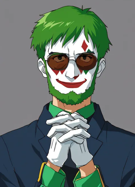 <lora:Anime_Enhancer_XL:0.7> <lora:ikari gendo:0.9> lo,looking at viewer,smile,simple background,shirt,gloves,long sleeves,1boy,jacket,upper body,male focus,green hair,glasses,white gloves,grey background,coat,parody,sunglasses,own hands together,interlock...