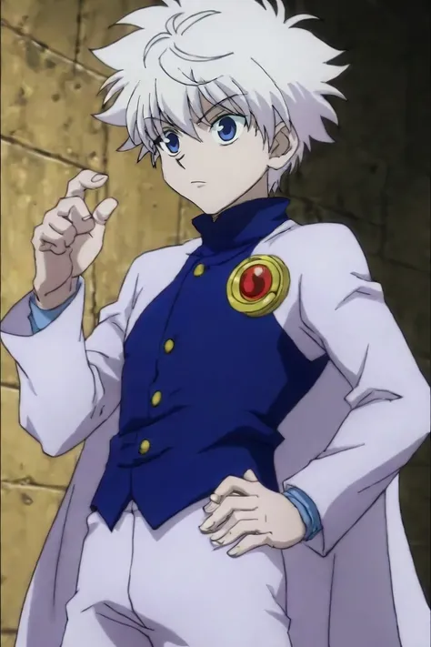 score_9, score_8_up, score_7_up, score_6_up, score_5_up, score_4_up, BREAK source_anime, (best quality:1.1), (masterpiece:1.4), , , , 1boy, solo, male focus, <lora:killua_zoldyck_pony:0.98>, killua_zoldyck, white hair, blue eyes, carnival costume, alternat...