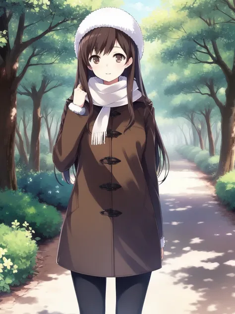 <lora:Morikawa_Yuki:0.8>, MorikawaYuki, 1girl, soro, long hair, brown eyes, black hair, brown hair, hairband, bangs. white
fur hat, scarf, coat, shoes, happy, standing, looking at viewer, cowboy Shot, forest,
masterpiece, high quality, very_high_resolution...