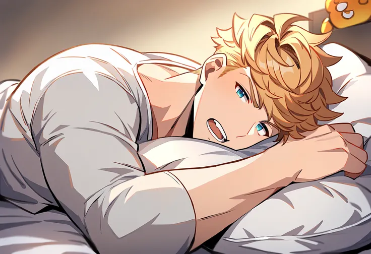 1boy, male focus, vane (granblue fantasy), granblue fantasy, lying, on bed, bed, pillow, shirt, solo, looking at viewer, annoyed, open mouth, best quality, amazing quality, best aesthetic, absurdres