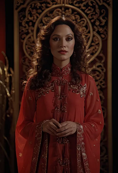 very detailed, masterpiece, intricate details, UHD, 8K cinematic still of a woman, ardala, wearing a red traditional Chinese outfit, long curly hair, dark lighting, atmospheric, colorful background