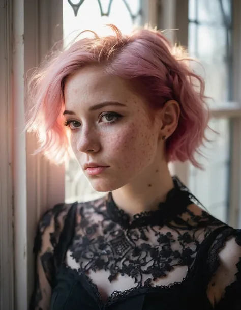 An ultra-detailed photo portrait of a (gothic girl with pink hair:1.3) and (freckles:1.2), hit by a (ray of sun from a window:1.1), dramatic contrast, intricate lace details, deep shadows, vibrant highlights, soft textures, Canon EOS 5D Mark IV, 1/320s, f/...