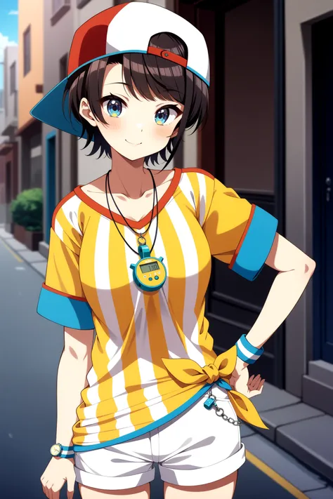 (masterpiece, best quality, very aesthetic, ultra detailed), intricate details, 4k, anime style, aasubaru, short hair, cap, backwards hat, breast, collarbone, watch, whistle around neck, vertical-striped shirt, tied shirt, short sleeves, wristband, white s...