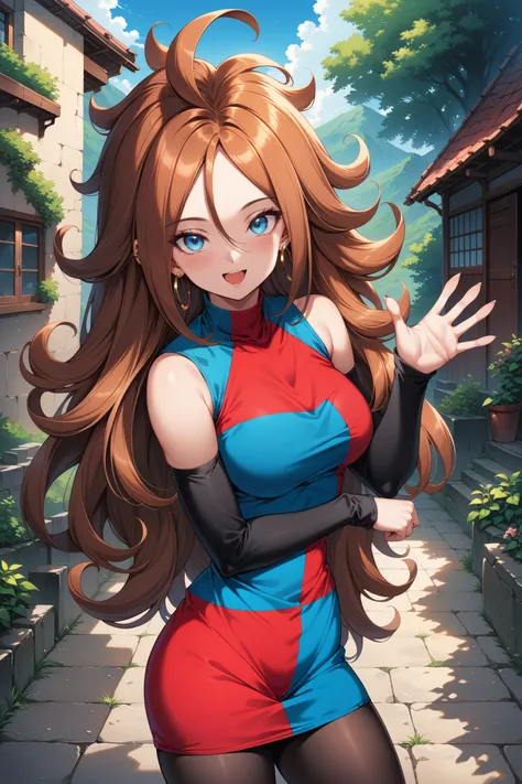 (masterpiece, best quality, very aesthetic, ultra detailed), intricate details, aaandro, brown hair, long hair, curly hair, blue eyes, hoop earrings, two-tone dress, checkered dress, sleeveless, bare shoulders, detached sleeves, black pantyhose, <lora:andr...