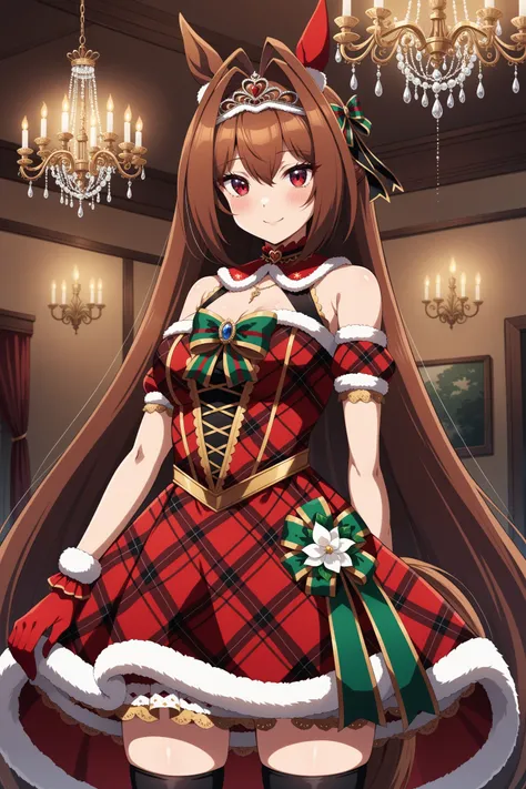 (masterpiece, best quality, very aesthetic, ultra detailed), intricate details, 4k, anime style, bbdaiwa, long hair, hair ribbon, animal ears, ear covers, tiara, horse tail, bare shoulders, fur trim, green bowtie, plaid dress, red dress, green bow, detache...