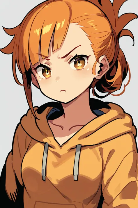 score_9, score_8_up, score_7_up, 1girl,  , pout, orange hair, asymmetrical bangs, folded ponytail, beige eyes, small breasts, golden hoodie, sidelighting <lora:Himukai_Yuuji_PonyXL_style_v01:1>