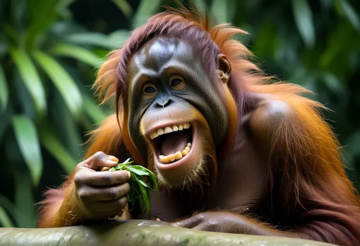 artrngtn, sumatran orangutan  laughs at the fish