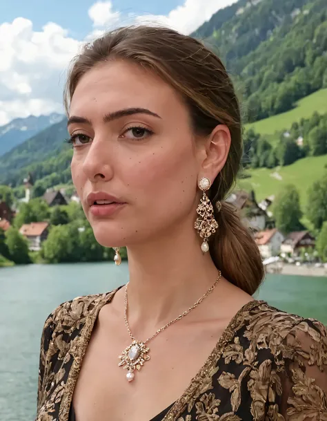 At the picturesque Gabschase location, a strikingly beautiful woman adorned in an elegant outfit and effortless yet sophisticated jewelry, especially accentuated by her dangling earrings, captured in a realistic photograph, stood out as the epitome of natu...