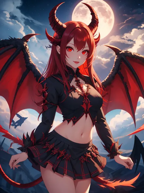 a high quality photo of a red eyed young demon woman with demonic horns, wings and a tail wearing a skirt casting otherworldly c...