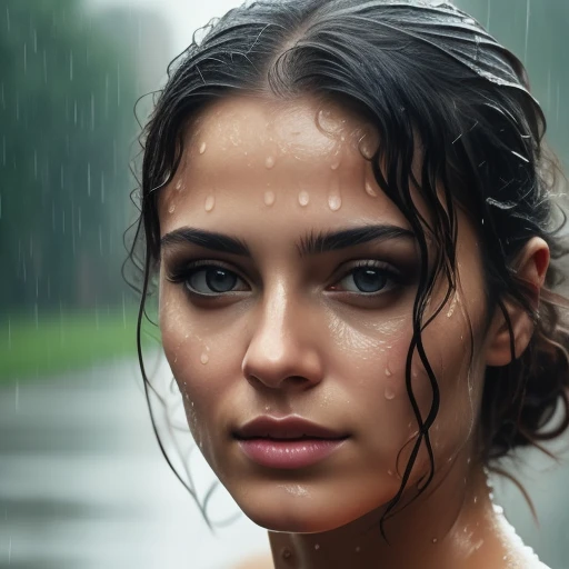 portrait photo of a beautiful womans face in the rain.   <lora:rain-10:0.6>