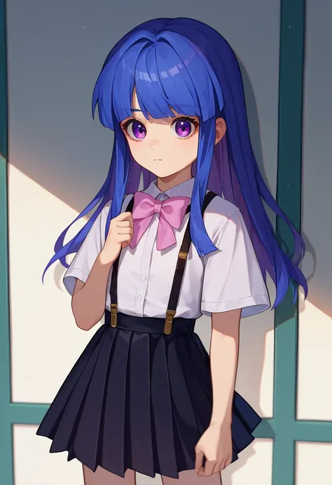 score_9, score_8_up, score_7_up, source_anime, 1girl, furude rika, blue hair, purple eyes, white shirt, pink bow, suspenders, black skirt  <lora:Furude Rika-000010:1>