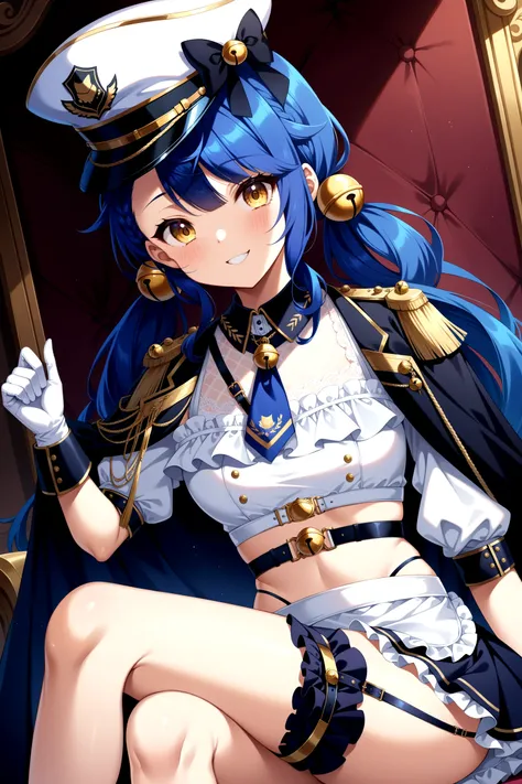 (masterpiece, best quality, very aesthetic, ultra detailed), intricate details, anime style, 4k, ccmya, long hair, low twintails, hair bell, peaked cap, white headwear, detached collar, cape, epaulettes, crop top, white shirt, white gloves, belt, frilled s...