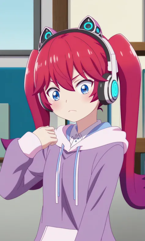 1girl, solo, masterpiece, best quality,  detailed face,detailed body,anime screencap,
<lora:AmeliaIrving_16XL:1> 
Amelia_Irving,  short hair, blue eyes, long hair,red hair,twintail,
headphones,hoodie,