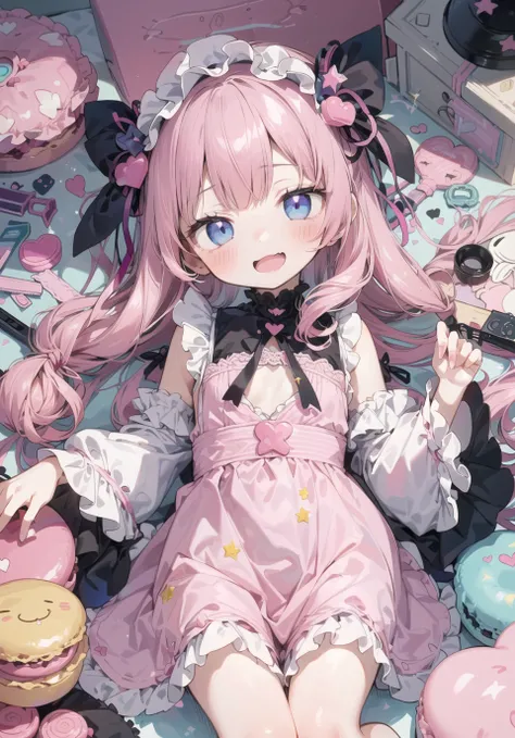 dynamic angle, fisheye, 
petite, 1girl, pink kawaii dress,
blunt bangs, dark blue eyes, head tilt, light smile, open mouth, (half close eyes),
sense of scale and depth,(((( pink kawaii room )))),,((((pink gothic room)))),(messy room, Marchen ,macarons,Cand...