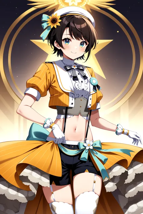 (masterpiece, best quality, very aesthetic, ultra detailed), intricate details, 4k, anime style, hhsubaru, short hair, white headwear, hat flower, bowtie, cropped jacket, yellow jacket, puffy sleeves, short sleeves, white gloves, midriff, suspender shorts,...