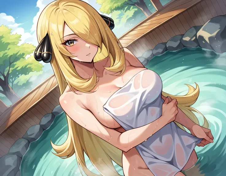 score_9, score_8_up, score_7_up, source_anime,
pokemoncynthia, <lora:pokemon-cynthia-ponyxl-lora-nochekaiser:1>
pokemoncynthia, blonde hair, hair ornament, hair over one eye, long hair, yellow eyes,
nude, naked, 
outdoors, onsen, towel, naked towel, steam,...