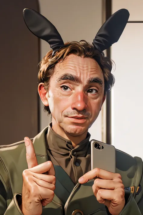 selfie, ((holding phone)), 1man, ((bunny ears)), (bunny ears on head:1.3), black military uniform, british miltary, hands in v, index and middle finger up, hands peace sign,,  holding iphone
yes minister,sir Humphrey, Nigel Hawthorneï¼ <lora:sirhumphreylo...