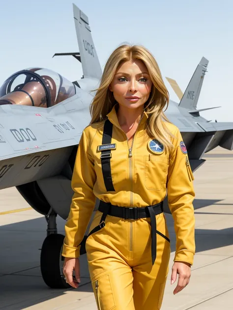 kellyRipa01 wearing a long-sleeved flightsuit standing in front of a fighter jet