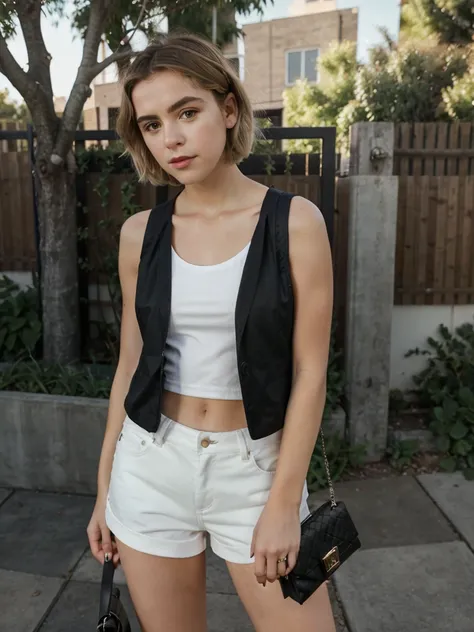 A beautiful k13rn4ns woman, 1girl,solo,looking at viewer,short hair,blonde hair,shirt,holding,standing,jacket,full body,white shirt,outdoors,shorts,sleeveless,bag,black footwear,tree,sleeveless shirt,shadow,black shorts,handbag,realistic,jacket removed,bla...