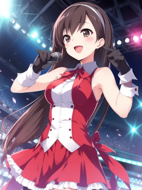 <lora:Morikawa_Yuki:0.8>, MorikawaYuki, 1girl, soro, long hair, brown eyes, black hair, brown hair, hairband, bangs. 
microphone, gloves, solo, open mouth, smile, singing, sleeveless, music, stage, blush, :d, idol, black gloves,
masterpiece, high quality, ...