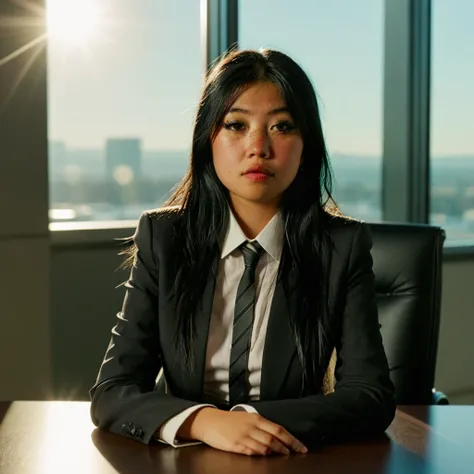 beabadoobee <lora:beabadoobee-SDXL_v1:1> in a formal dark business suit, shirt and necktie, sitting at a table in a modern boardroom, with long black hair, high definition photography with rays of sunlight coming in through the window