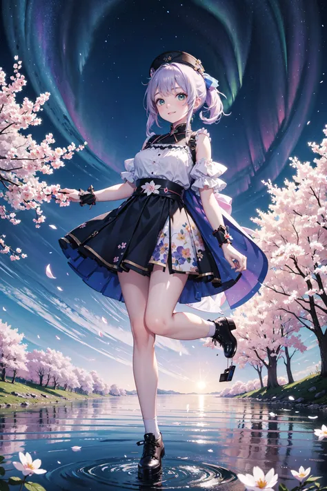 ((best quality, masterpiece, absurbres, super-resolution)) 1 girl, Unreal, Aurora in the sky, Night time, Sakura tree blossoming