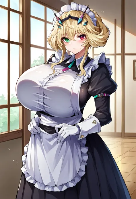 score_9, score_8_up, score_7_up, source_anime BREAK 1girl, solo, looking at viewer, cowboy shot,  <lora:Barghest_Sdxl:0.9>, Barghest_Maid, platinum blonde hair, twin braids, short hair, sidelocks, hair up, hair bun, heterochromia, maid headdress, frilled d...