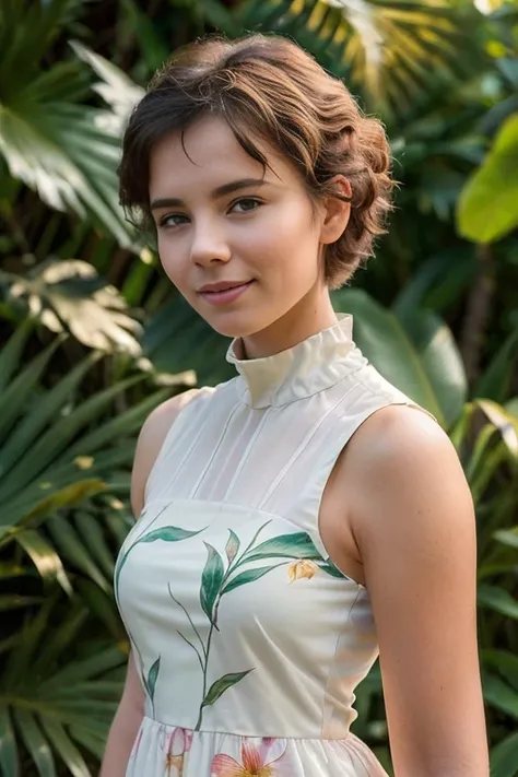 CorC0lTTXV2G,
a beautiful smiling woman posing for masterpiece photo in white dress, standing in tropical forest, (floral-pattern high neck dress:1.2), (pixie cut),
(professional photo shooting), (high buget photo), (extremely detailed skin), (flawless ski...