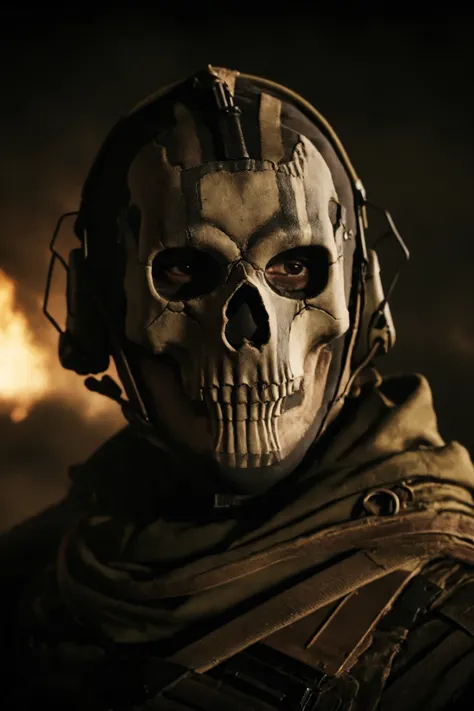 cinematic film still one call of duty soldier, skeleton mask, in middle of dead soldier bodies, angry, portrait shot, very dark Azrael theme cloth, high detail, high res, high quality, <lora:GHOST-000009:1>, <lora:add-detail-xl:3> . shallow depth of field,...