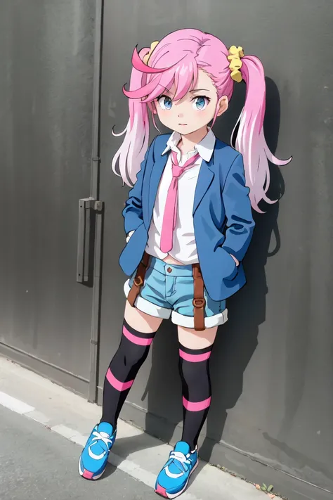 EriKaran, 1girl, solo, yellow scrunchie, bangs, blue jacket, open jacket, white shirt, purple necktie, blue shorts, thighhighs, blue sneakers, naval, standing, outside, facing viewer  <lora:EriKaran1:0.75>