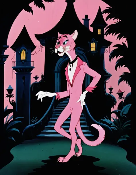 Illustration inspired by the "Pink Panther," (whimsical and playful:1.2), (stylized pink panther character:1.1), (sleek and elegant demeanor:1.1), (mysterious and mischievous expression:1.2), (pink fur with black accents:1.1), (sneaking through shadows:1.2...