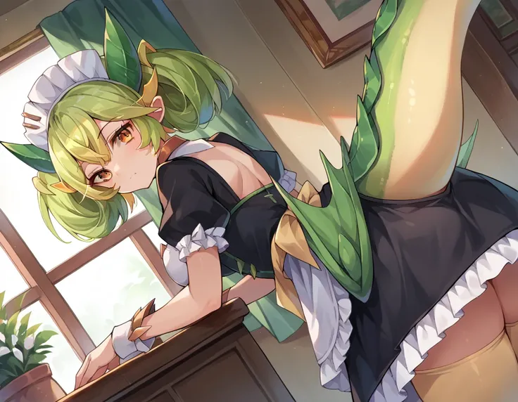 score_9, score_8_up, score_7_up, source_anime,
parlordragonmaid, <lora:parlor-dragonmaid-ponyxl-lora-nochekaiser:1>,
parlor dragonmaid, dragon girl, green hair, brown eyes, dragon tail,
clothing cutout, dress, frilled dress, frills, maid, tail,
indoors, be...