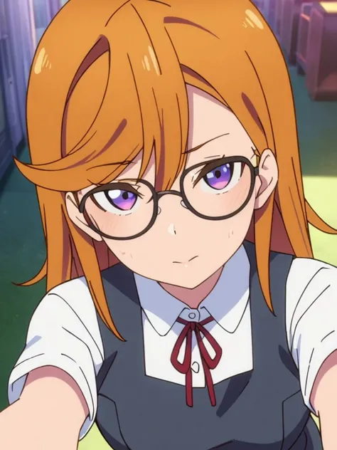 masterpiece, best quality, very aesthetic, absurdres, upper body, pov,
<lora:kanon-sdxl-000056:0.9>,
shibuyakanon, orange hair, kanonuniform, medium hair, glasses, school uniform, pinafore dress,
(heavy breathing:0.8), looking at viewer,