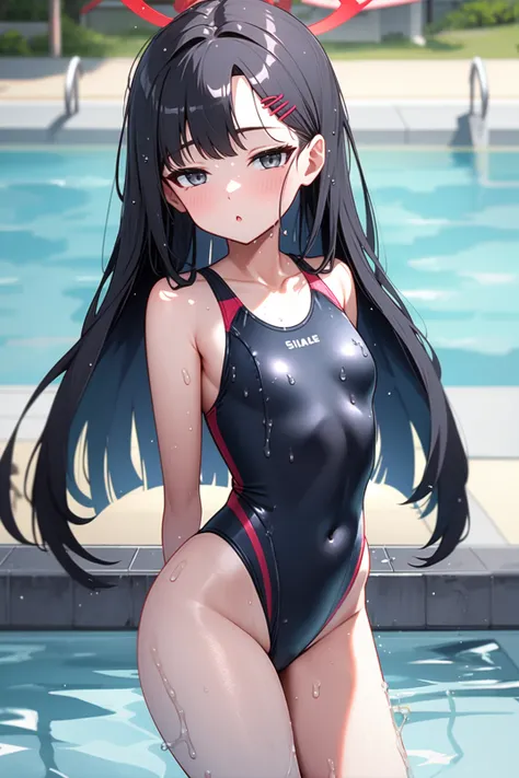 solo, masterpiece, best quality, outdoors, poolside, ichika, grey eyes, black hair, long hair, sidebangs, sidelocks, hairclip, halo, black wings, (low wings:1.2), one-piece swimsuit, thighs, looking at viewer, closed mouth, :o, wet, arms behind back