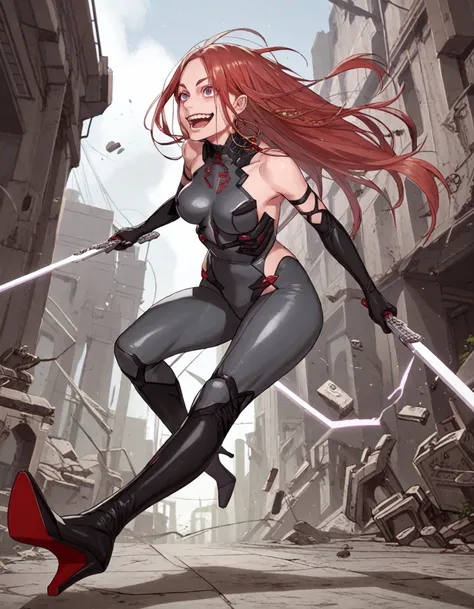 score_9, score_8_up, score_7_up, score_6_up, <lora:RWNelia:.9>, RWnelia01, running in industrial ruins, swinging a futuristic sword, bodysuit, crazy smile, elbow gloves, jewelry, long hair, bare shoulders, high heels, holding weapon