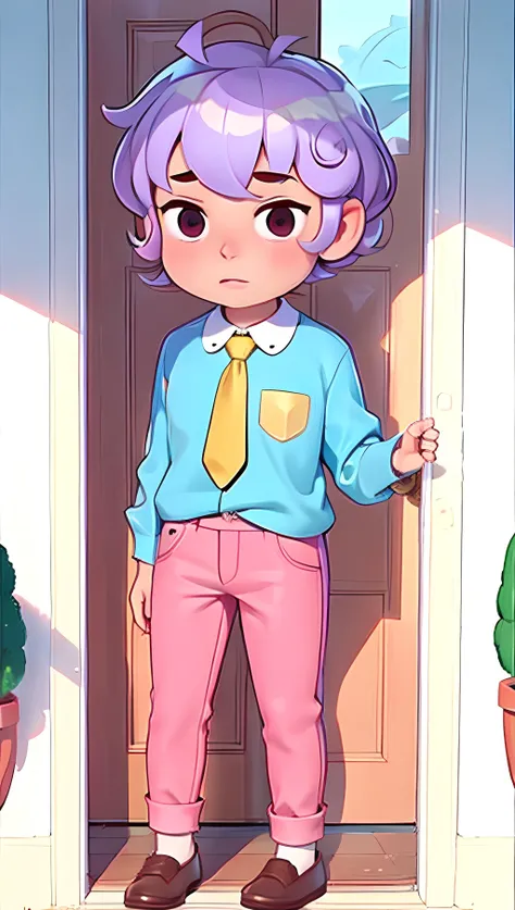 <lora:15AC5E6C7D:0.7>1boy, cardamon, lavender hair, pink pants, yellow tie, blue shirt, yellow pocket, answering door, annoyed, (chibi)