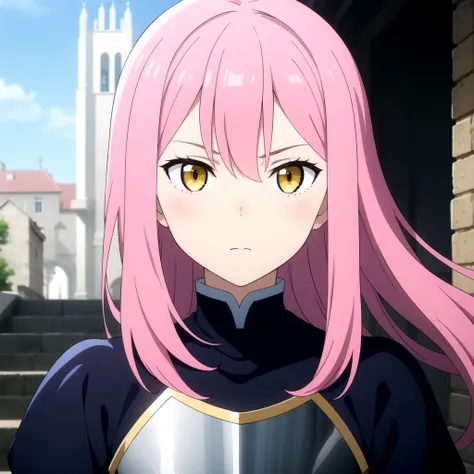 (masterpiece:1.2, best quality), cleananimescreenshot,  1girl, pink hair, long hair, yellow eyes, medieval armor, holding sword <lora:cleananimescreenshot-000009:0.5>