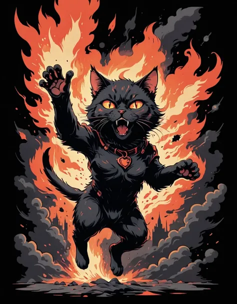 Black cat (fur standing on end:1.1) mid-air, (paws outstretched:1.1), (jumping from explosion:1.1), (red and orange flames:1.1) billowing, (smoke:1.1) rising, (surprised expression:1.1) on cats face, (intense heat:1.1), (shockwave:1.1) radiating, (chaotic ...