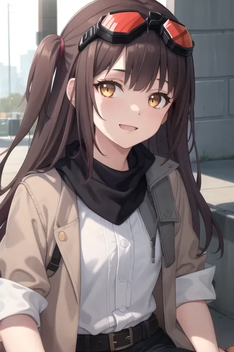 ((masterpiece)),(best quality),official art,extremely detailed CG,unity 8k wallpaper,ultra detailed,beautiful detailed eyes,extremely detailed face,outdoors,1girl,solo,upper body,(portrait:1.5),looking at viewer,facing viewer,smile,very long hair,brown hai...