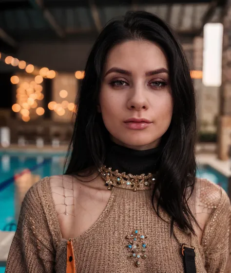 cinematic photo   a woman,  <lora:quiron_NicoleBlack_v7_Lora:0.87> NicoleBlackQuiron , RAW, (Dutch angle),  makeup,  a face of perfect proportion, Depth of field, Swimming, Ornate Nose Ring,  Grungy Orange Turtleneck sweater with Fishnet stockings,  . 35mm...