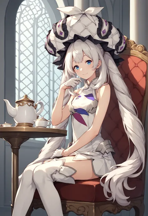 1girl, solo, white hair, blue eyes, twintails, sidelocks, white dress, Thigh Boots, bare shoulders, half gloves, armor, hat, ribbon, rose, sitting, indoors, palace, table, chair, holding cup, teapot, smile, <lora:Marie_XL-000009:1>, score_9, score_8_up, sc...