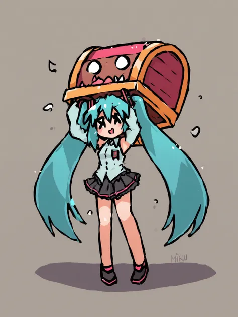 hatsune miku holding up a mimic  
<lora:Mimic_ani3.1_XL:1>