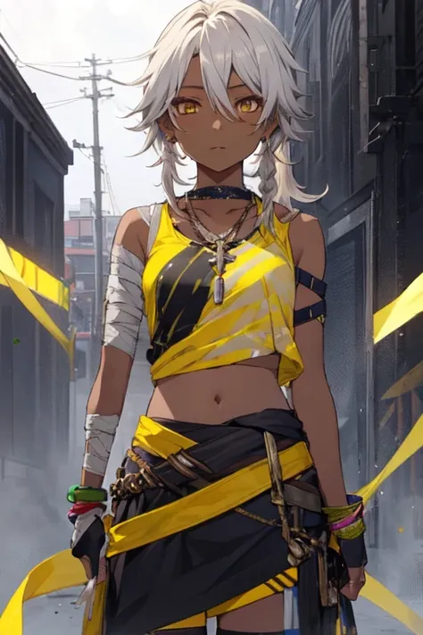 NanookxKiana, 1girl, solo, long hair, black skirt, fingerless gloves, navel, hair between eyes, bare shoulders, jewelry, collarbone, yellow eyes, braid, white hair, midriff, dark skin, necklace, dark-skinned female, bandages, yellow tank top