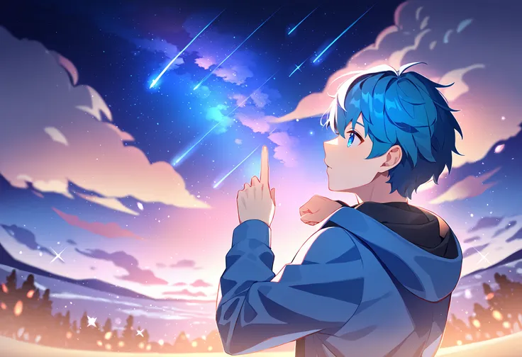 1boy, male focus, sky, star (sky), night, pointing up, night sky, hood down, starry sky, hood, blue theme, outdoors, long sleeves, shooting star, hoodie, short hair, jacket, scenery, cloud, from behind, blue eyes, best quality, amazing quality, best aesthe...