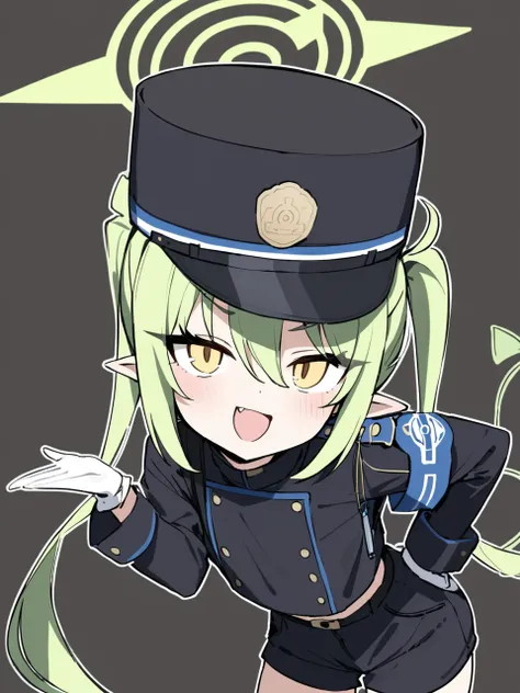 1girl,highlander twintails conductor (blue archive),1girl, solo, tail, hat, white gloves, white background, black shorts, hand on hip, black headwear, looking at viewer, simple background, halo, fang
<lora:a31_char_highlander_twintails_conductor_(blue_arch...